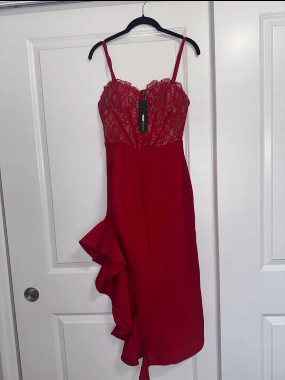 Fashion Nova Red Lace Ruffle Detail Dress